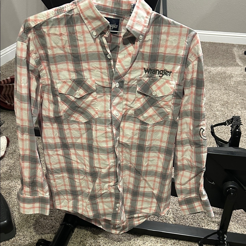 Wrangler Men's Plaid Button-Down Shirt - Gray and Pink